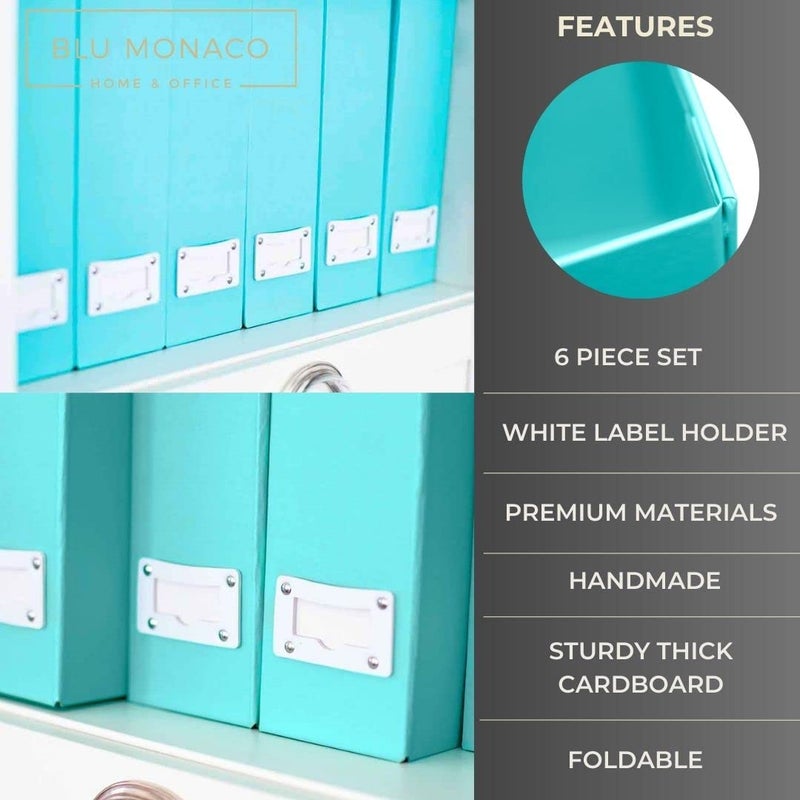 BLU MONACO Set of 6 Aqua Magazine File Holders | Foldable Magazine Storage Boxes with White Leather Label Holders | Vertical File Organizer for Desk, Shelves & Home Office - Image 5